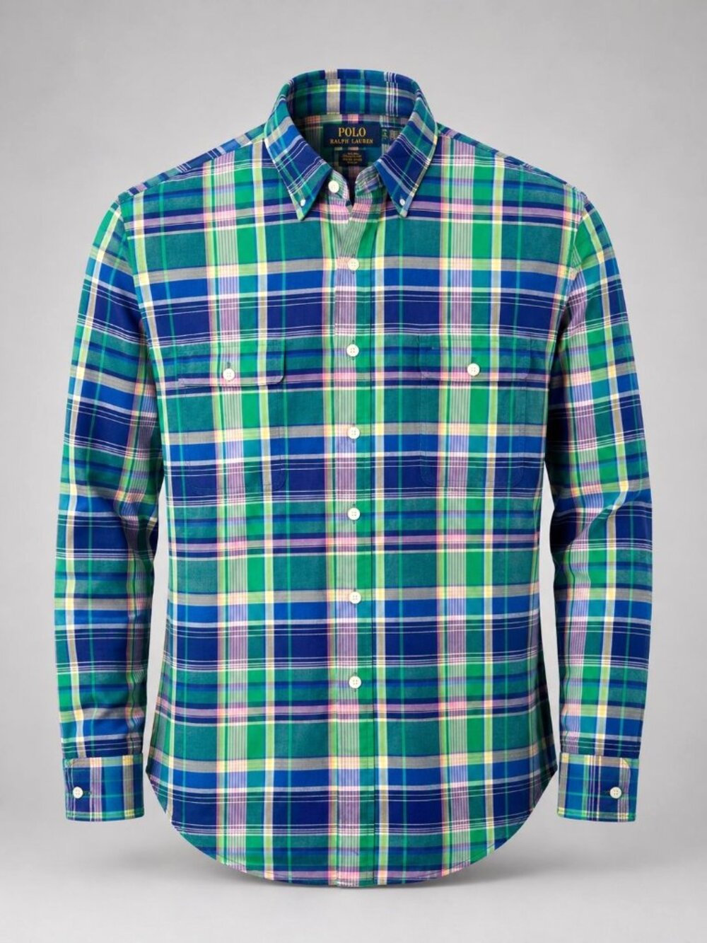 Polo Ralph Lauren Mens 2XL Shirt Plaid Blue Green Long Sleeve Dress Casual